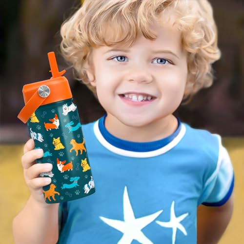 SANDJEST Puppy Water Bottle - Kids Water Bottle with Straw Lid - 12 Oz Insulated Stainless Steel Water Bottles for Kid Boys Girls - Travel Cup for School Sports - color: Puppy