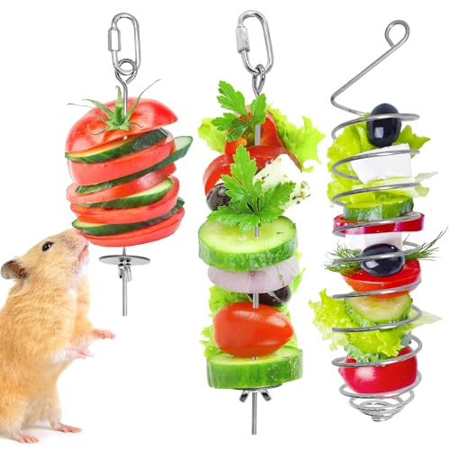 3 PCS Rat Enrichment Toys Stainless Steel Rat Foraging Toy Hanging Slow Feeder Mice Fruit Vegetable Skewer Food Holder Cage Accessories for Rodent Dwarf Hamster Gerbil