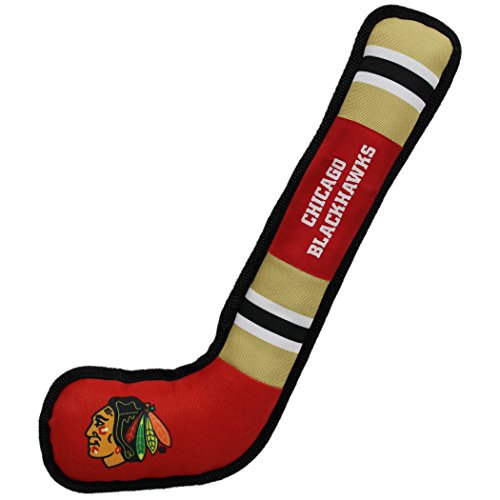 Pets First Dog Toy Tough Nylon with Inner Squeaker Licensed by NHL Chicago Blackhawks Hockey Stick Toy for Dogs & Cats. Play Hockey with Your Pet with This Licensed Dog Tough Toy - color: Chicago Blackhawks, style: NHL Dog Tug Toy