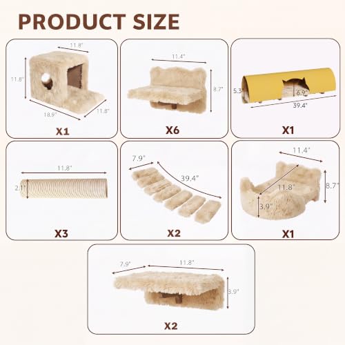 16-in-1 Cat Wall Shelves, Cat Furniture w/Tunnel & Bridge, Beige | Wall Mounted Cats Shelf Set with Plush Fabric, Cat Climbing Wall Systems for 16 Inch Drywall, with Scratching Posts, Condos - color: Beige, size: 16-in-1