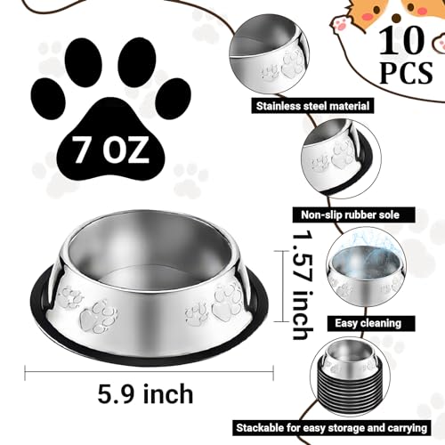 10 Pcs Stainless Steel Dog Bowl Pet Feeding Bowl with Rubber Base Non-Slip Pet Dishes Metal Dog Bowls Pet Food and Water Bowls for Small Medium Animals Kitten Rabbit (7 oz) - size: 7 oz