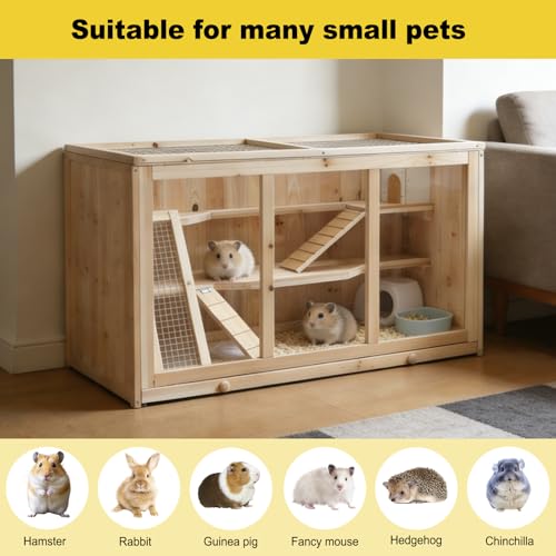 Wooden Large Hamster Cage, 3 Tier Small Animal Habitat with Tray, Natural Wood Exercise Play House for Hamsters