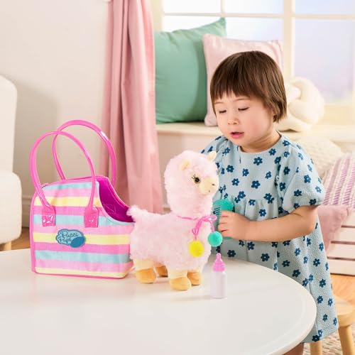 Pucci Pups Plush Llama Pet with Striped Carrier Bag, Comb & Bottle | 4-piece plush pet set with 1 llama, 1 striped carrier bag, 1 bottle, and 1 comb for pretend care and take-along, 2+ Years - style: Llama - Stripe Bag