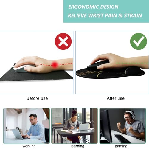 Mouse Pad with Wrist Support, Ergonomic Mouse Pad with Memory Foam Wrist Rest Cushion, Non-Slip Rubber Base Gaming Mice Pad for Home Office Computer Laptop, Black Golden Marble - color: Black golden marble