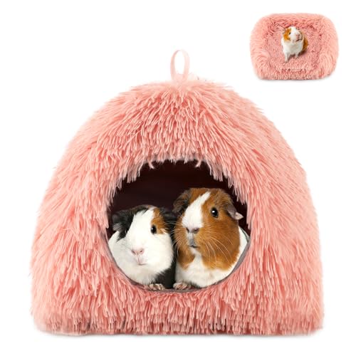YUEPET Guinea Pig Bed, Warm Rabbit Bed, Bunny Hideout, Pink Plush Cave | Cozy Rabbit Hideout, Long-Plush Fabric, Removable Washable Cushion, 2-in-1 Cave & Sofa Bed, Pink, Semi-Closed Design - color: Pink