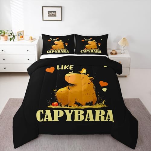 Capybaras Bedding Set Gift For Girls Boys Kids Animals Lovers, Cute Capybara Comforter Set Full Cartoon Rodent Animal Quilted Duvet Love Heart Birds Design Duvet Insert Kawaii Bedroom Decor, Black - color: Multi 07, size: Full