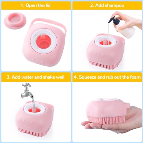 7 Pcs Cat Dog Brush Grooming Kits, Self-Cleaning Slicker Brush, Pet Nail Clipper and File, Flea Comb, Pet Shampoo Bath Brush, Pet Finger Toothbrush, Storage Bag (Pink) - color: Pink