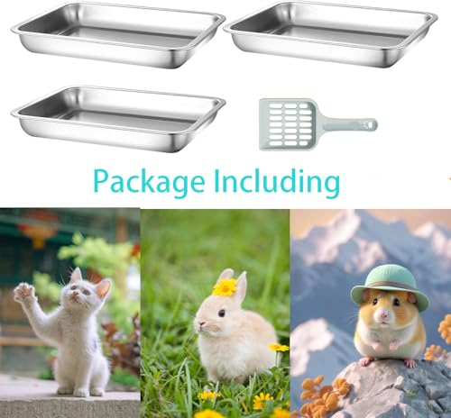 3 Pcs Kitten Litter Box with 1 Scoop,Stainless Steel Small Litter Box, 12.4"×8.4"×1.37" Metal Litter Pan, Small Litter Pan for Little Cats Kittens, Easy Cleaning