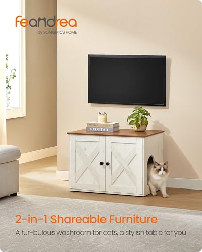 Feandrea Cat Litter Box Enclosure, Litter Box Furniture Hidden, Indoor Cat House, End Table, 27.6 x 19.7 x 19.7 Inches, Rustic White and Honey Brown UPCL022K02 - color: Honey Brown + Rustic White, size: M（27.6"L x 19.7"W x 19.7 "H）