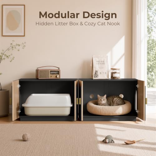 Amunrbrek Cat Litter Box Enclosure Furniture, 31.5" Arched Fluted Cabinet - color: Black and Natural