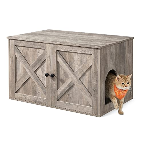 Feandrea Cat Litter Box Enclosure, Litter Box Furniture Hidden with Removable Divider, Indoor Cat House, End Table, 31.5 x 20.9 x 19.7 Inches, Greige UPCL002G01 - color: Greige, size: L (31.5"L x 20.9"W x 19.7"H)