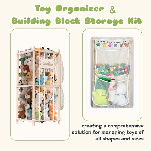 Stuffed Animal Storage & Organizer, 54 inch Tall Wooden Cute Zoo Toy Holder w/Building Block Storage Bag, Premium Wooden Material with Elastic Cord for Toddler Rooms, Playrooms (Small) - color: Natural, size: Small