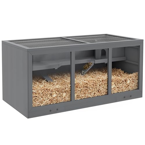 PawHut 45" Extra Large Wooden Hamster Cage 3-Layer Opening Roof Gray | Rat Cage, PVC Window, Small Animal Habitat, for Gerbil, for Dwarf & Syrian Hamsters - color: Gray
