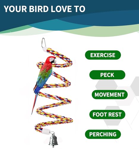 2Pcs 63'' Bird Rope Perches Birdcage Swing Toys 100% Cotton Natural Bird Perch Peck/Chewing with Bell Climbing Standing Bungee Parrot Toys for Small to Regular Size Parrot Cockatiel Birds - size: 63'x2pcs