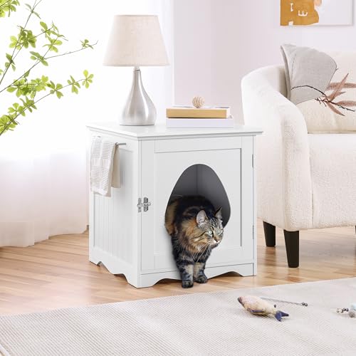 Yaheetech Cat Litter Box Enclosure, Litter Box Furniture Hidden with Towel Bar, Wooden Pet Washroom, Dog Proof Cat Litter Box Cabinet, Indoor Cat House, Side End Table, White - color: White, size: 19 ″ L × 20″ W × 20.5″ H