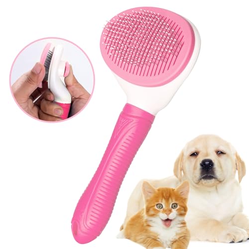 Aogeili Self Cleaning Slicker Brush, Skin Friendly Deshedding Grooming Tool for Dogs, Cats & Bunny, One-Click Release Removes Loose Undercoat, Mats & Tangles, for Long & Short Hair Shedding Pets - color: Pink