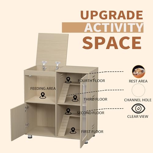 Hamster Cage Rodent Habitat with Acrylic Viewing Windows Openable Top Storage Cabinet Multi Level Wooden Home for Chinchilla Rat Gerbil Guinea Pig Feeding Play Rest Exploration Enclosure (Teak) - color: Teak