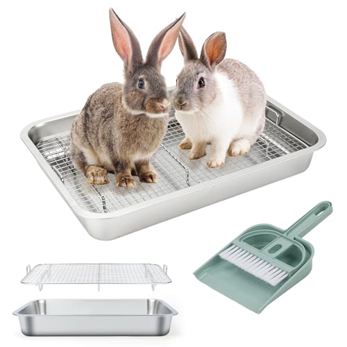 FHTONGE Large Stainless Steel Rabbit Litter Box with Large Sifting Grids | Odor Control, Easily Clean, Low Entry, Metal Bunny Litter Pan, Pet Toilet Train Tray for Small Animl Guinea Pig Ferret Rodent - size: 19.5x13.6x2.8"(50x35x7cm)