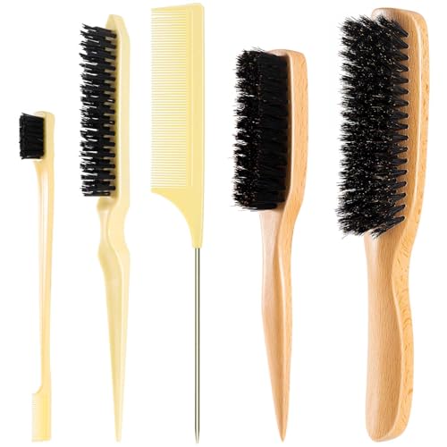 STYLEMATE 5PCS Slick Back Hair Brush Set, Soft Natural Boar Bristle Hair Brush for Thin & Fine Hair, Rat Tail Comb Edge Teasing Brushes Styling Tool Kit Accessories for Women Kid - size: 1 Count (Pack of 5)