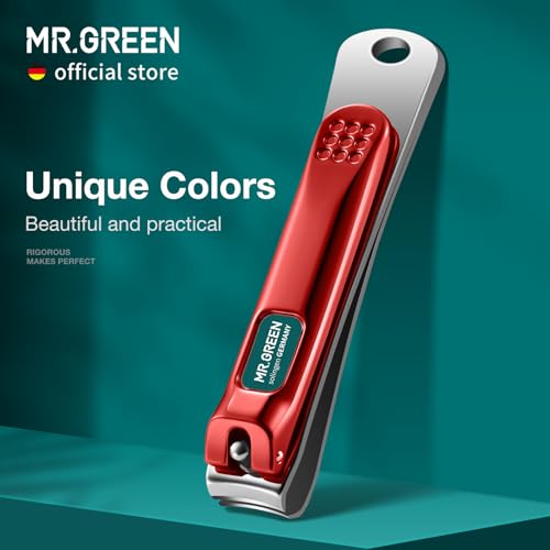 MR.GREEN Nail Clippers Curved Blades Fingernail Cutter Nippers Manicure Scissors Stainless Steel Pedicure Tools with Nail Flies (Medium-Red+Glass File) - color: Medium-red+glass File