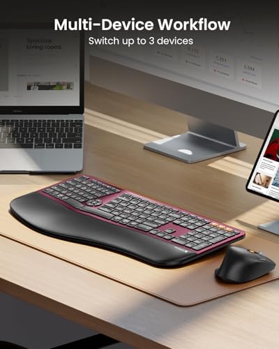 ProtoArc EKM01 Plus Wireless Ergonomic Keyboard Mouse Combo - Wine Red | Full-size Split Keyboard with Cushioned Wrist Rest, Ergonomic Mouse, 3-Device Bluetooth/2.4G, USB-C Rechargeable - color: Wine Red