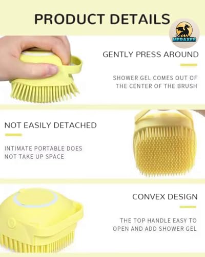 MERAXES Pet Grooming Bath Brush with Soap Dispenser – Soft Silicone Massage Bristles for Dogs & Cats, Gentle Deshedding & Deep Cleaning for Long or Short Hair – Yellow