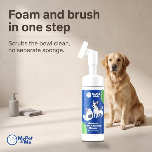 My Pet & Me Dog Bowl Cleaner Mousse, Built-in Scrub Brush, Enzyme Foam | Enzyme foam for slime & biofilm. Unscented, rinses clean. Steel, ceramic & plastic safe. Bowls, fountains & toys. 4.05 oz