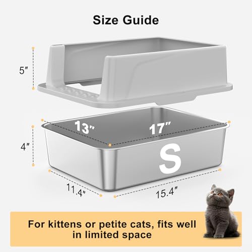 FURTIME Stainless Steel Cat Litter Box, Small Cats Metal Litter Box | High-Sided Open-Top Easy-Clean Litter Pan, Non-Stick, Anti-Leakage, Odor-Free, Comes with Scoop & Mat, 17"×13"×8.4" - color: Silver, size: Small