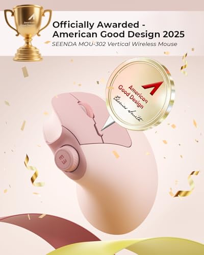 seenda MOU-302 Wireless Bluetooth Ergonomic Vertical Mouse with Volume Knob | Rechargeable 3-device mice for small/medium hands with quiet clicks, 1000/1600/2400 DPI for PC, laptop, MacBook, Pink - color: Pink