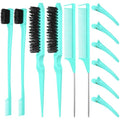 Remerry 12 Pieces Hair Brush Set, Nylon Teasing Hair Brushes 3 Row Salon Teasing Brush, Double Sided Edge Smooth Comb Grooming, Rat Tail Combs with Duckbill Clips for Women(Mint Green) - color: Mint Green