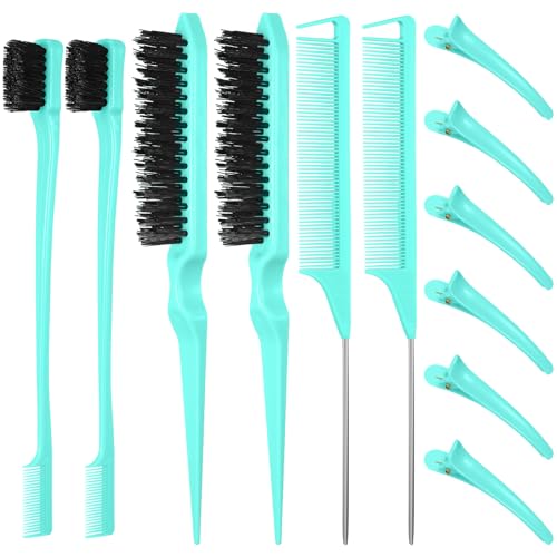 Remerry 12 Pieces Hair Brush Set, Nylon Teasing Hair Brushes 3 Row Salon Teasing Brush, Double Sided Edge Smooth Comb Grooming, Rat Tail Combs with Duckbill Clips for Women(Mint Green) - color: Mint Green