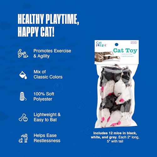Penn-Plax Play Fur Mice Cat Toys, 12 Pack - Soft Polyester with Rattling Sound for Interactive Play, Exercise & Hunting - Lightweight Cat Toy Set for All Ages & Breeds - Black, White & Gray - 2 Inches