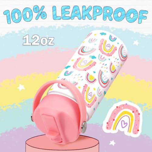 SANDJEST Rainbow Kids Water Bottle With Straw Lid 12oz Insulated Stainless Steel, Travel Tumbler, Gifts For Girls, Birthday, Christmas, Back To School - color: Rainbow 1