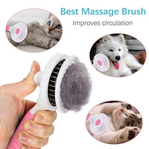 Self Cleaning Slicker Brush - Cat Brush Skin-Friendly Deshedding Grooming Massaging Tool for Long & Short Haired Pets, Cat Hair Brushes Easy Removes Undercoat for Dogs Cats Rabbits-UPGRADED, Pink - color: 1Pack Pink