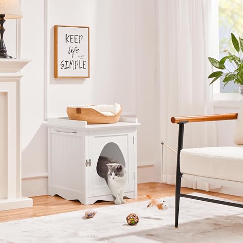 Yaheetech Cat Litter Box Enclosure, Hidden Litter Box Furniture with Side Towel Bar, Wooden Cat Washroom, Storage Cabinet, Indoor Pet House, Side Table Nightstand, White - color: White, size: 19″ L × 21″ W × 23″ H