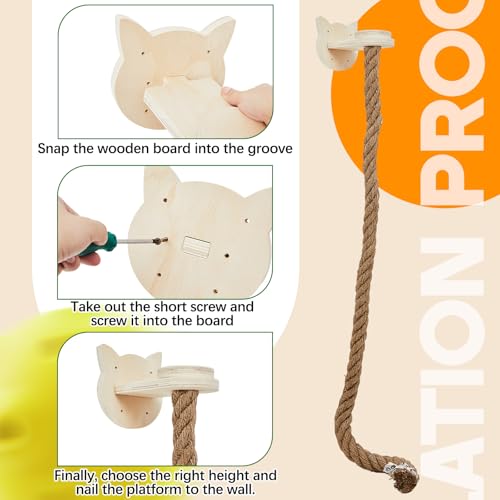 Weysat 2" x 4.92 ft Cat Climbing Rope with 2 Jumping Platform Wall Mounted Thick Jute Cat Scratching Post Furniture Wall Climbing System for Kittens & Large Cats(Wood,Kitten Head) - color: Wood, style: Kitten Head