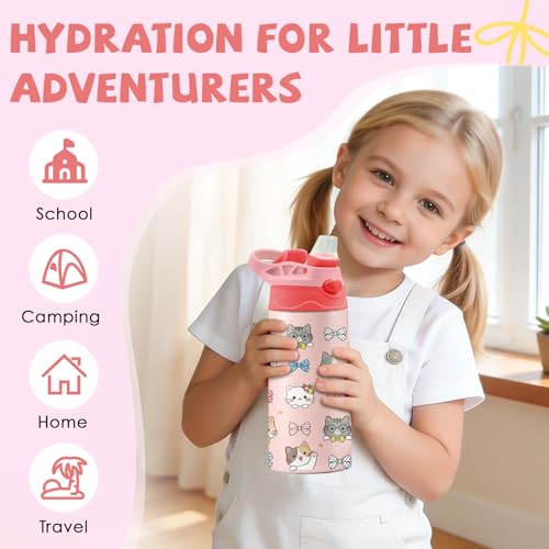 Cat & Bowknot 12 oz Water Bottle with Straw – Kids Stainless Steel Vacuum Insulated Cup, Leakproof Pop-Up Spout, Reusable Travel Mug for Girls Outdoor Sports - color: Cat1