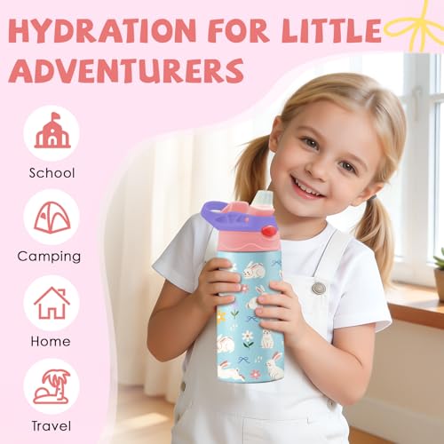 Rabbit 12 oz Water Bottle with Straw – Kids Stainless Steel Vacuum Insulated Cup, Leakproof Pop-Up Spout, Reusable Travel Mug for Boys and Girls Outdoor Sports - color: Rabbit1