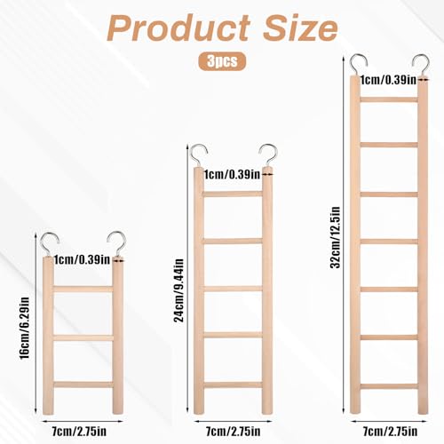 3 PCS Bird Cage Ladder, Parakeet Ladders Bird Ladder for Cage Wooden Hanging Parrot Wood Step Climbing Small Wooden Ladders for Birds Parakeets Parrots Cockatoo Lovebirds (3 Step, 5 Steps, & 7 Steps)