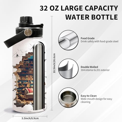 Bookish 32oz Water Bottle, Leak-proof Bottle, Stainless Steel Cup | 32oz Insulated Tumbler, with Handle & Lid Reusable Coffee Mug, Christmas Birthday Gift for Book Lovers Readers - color: Bookshelf2