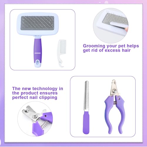 VCZONE 8 Pcs Small Animal Grooming Kit, Rabbit Grooming Kit with Pet Nail Clipper and File, Flea Comb, Pet Shampoo Bath Brush, Pet Shedding Slicker Brush, Bath Massage Glove, Cleaning Comb (Purple) - color: Purple