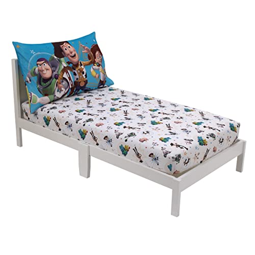 NoJo Disney Toy Story It's Play Time Blue, Green, and White, Woody and Buzz 2 Piece Toddler Sheet Set - Fitted Bottom Sheet and Reversible Pillowcase - color: Toy Story It's Play Time