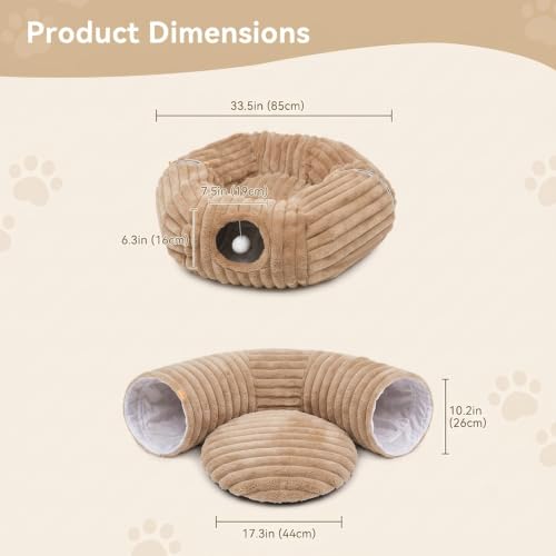 Dogpals Cat Tunnel Bed Cave 33" Lx10 Wx10 H for Indoor Cats(Khaki) | Washable Cozy Cushion, Soft Striped Plush Fabric, Hideaway Peekaboo Cave for Kittens, Puppies, Rabbits & Small Pets - color: Khaki