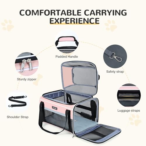 Lekereise Top-Expandable Pet Carrier 18x11x11Inch Delta American United Airline Approved Soft Sided Underseat to 15lbs Travel Carriers for Small Dogs Cats with Locking Safety Zippers Anti-Scratch Mesh - color: Pink