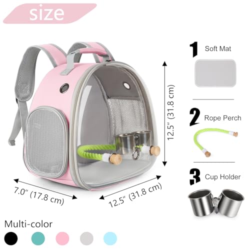 Small Bird Travel Backpack Carrier Cage with Cups, Backpack to Transport Backpack Carrier with Clamp Cups Stand Perch for Parakeet Cockatiel Budgies Vet Carry Book Bag Pink - color: Pink