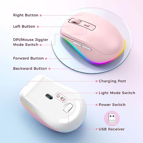 PEIOUS Wireless Mouse Jiggler, LED Mouse with Built-in Mouse Mover, Pink | Rechargeable, Silent Clicks, Adjustable DPI and Random Movement Keep Computers Awake for Work-Life Balance on Laptop/PC/Mac - color: Pink
