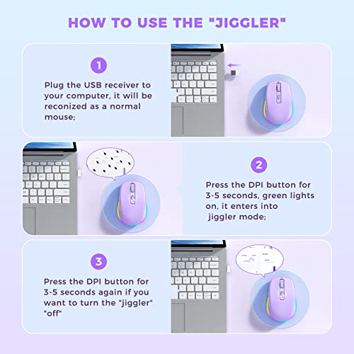 PEIOUS Wireless Mouse Jiggler - LED Wireless Mice with Build-in Mouse Mover, Rechargeable Moving Mouse for Laptop with Undetectable Random Movement Keeps Computers Awake - Purple | Rechargeable, Silent Clicks, Adjustable DPI and Random Movement Keep Compu