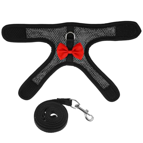 Rabbit Leash and Harness, Easily Adjustable Rabbit Harness and Leash Set for Small Animals, Rabbits Harness and Leashes for Proof Safely Walking Cute Bow Vest and Leashes, Black, Small