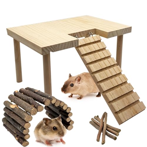 Hamster Platform with Ladder Wooden Syrian Hamsters Standing Platforms with Legs Set Wood Gerbils Climbing Bridge Toy Mouse Cage Accessories - size: Small