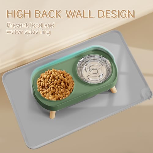 Elevated Cat Bowl with Food Mat, Raised Cat Food and Water Bowl Set for Indoor Cats, Splash Proof with 2 Stainless Steel Pet Food Bowls for Cats and Puppies,Whisker Fatigue and Dishwasher Safe (Green) - color: Cat Bowls with mat - green